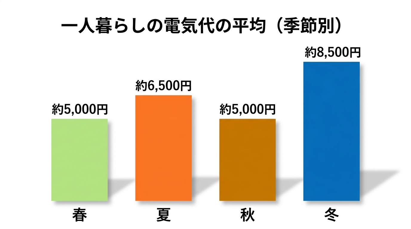一人暮らしの電気代の平均（季節別）春秋5000円、夏6500円、冬8500円